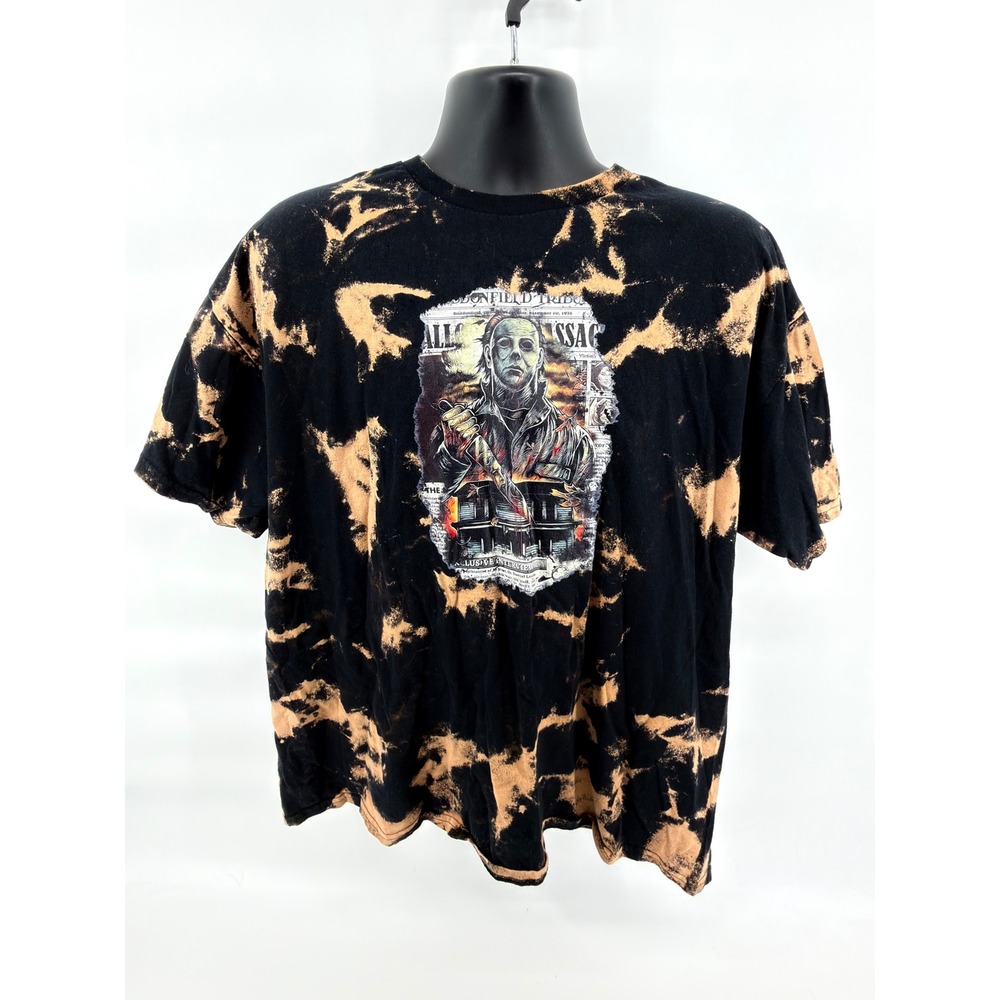 Gildan Michael Myers Graphic Tee Mens 2XL Black Bleached Halloween Horror Shirt‎